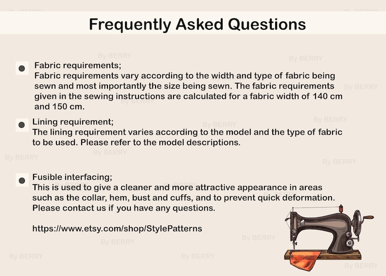 May include: A sewing machine with a red fabric on the table. The text on the page reads "Frequently Asked Questions" and includes information about fabric and lining requirements for sewing projects. The website address is https://www.etsy.com/shop/StylePatterns.