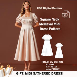 Square Neck Medieval Dress Sewing Pattern | Midi Dress Pattern | Cosplay Dress | Midi Dress | US Sizes 2-30 | Plus Size Pattern