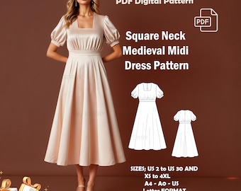Square Neck Medieval Midi Dress Sewing Pattern (PDF)