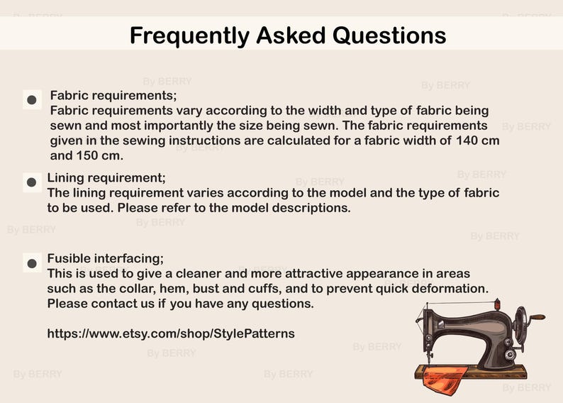 Puede incluir: Una m&aacute;quina de coser con una tela roja sobre la mesa. El texto en la p&aacute;gina dice "Frequently Asked Questions" e incluye informaci&oacute;n sobre los requisitos de tela y forro para proyectos de costura. La direcci&oacute;n del sitio web es https://www.etsy.com/shop/StylePatterns.