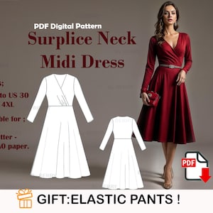 Puede incluir: Un patrón de costura digital para un vestido midi con cuello de pico cruzado. El patrón está disponible en las tallas US 2 a US 30 y XS a 4XL. El patrón es adecuado para papel A4 y A0. La imagen también muestra a una mujer vistiendo un vestido midi rojo con cuello de pico cruzado.