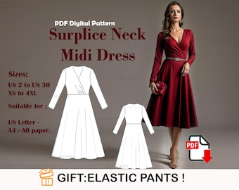 Könnte beinhalten: Ein digitales Schnittmuster für ein Midi-Kleid mit Wickel-Ausschnitt. Das Schnittmuster ist in den Größen US 2 bis US 30 und XS bis 4XL erhältlich. Das Schnittmuster ist für A4- und A0-Papier geeignet. Das Bild zeigt auch eine Frau, die ein rotes Midi-Kleid mit Wickel-Ausschnitt trägt.