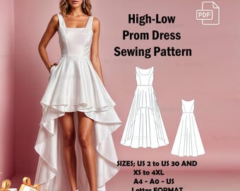 High-Low Prom Dress Sewing Pattern: Square Neck Ball Gown (PDF Pattern)