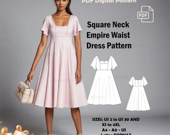 Square Neck Milkmaid Dress Sewing Pattern: US Size 2-30 (PDF Pattern)
