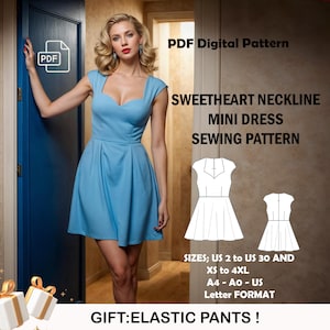 Puede incluir: Patrón de costura PDF para un vestido corto con escote de corazón. El patrón incluye las tallas españolas 34 a 54 y XS a 4XL. El patrón está disponible en formato A4, A0 y US Letter. La imagen también muestra a una mujer usando una versión azul del vestido.