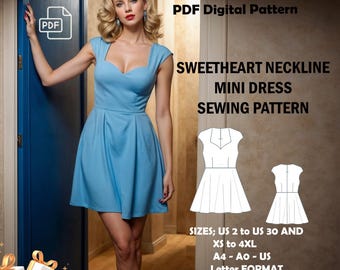 Sweetheart Neck Mini Dress Sewing Pattern: US Sizes 2-30 (PDF Download)