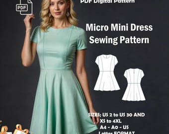 Puede incluir: Un patrón de costura digital para un vestido mini. El patrón incluye tallas US 2 a US 30 y XS a 4XL. El patrón está disponible en formato A4, A0 y US Letter. La imagen también incluye un regalo: pantalones elásticos.