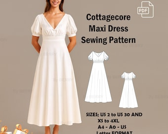 Cottagecore Maxi Dress Sewing Pattern: Regency Renaissance V-Neck (PDF Pattern, US 2-30, Plus Size)
