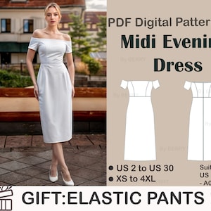 Bodycon Midi Evening Dress Sewing Pattern, Off Shoulder Dress, Prom Dress, Graduation Dress,PDF Pattern, US Sizes 2-30, Plus Size Pattern