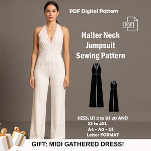 Puede incluir: Un patrón de costura de mono halter blanco con una modelo que lleva el mono. El patrón incluye tallas US 2 a US 30 y XS a 4XL. La imagen también incluye el texto "PDF Digital Pattern" y "GIFT: MIDI GATHERED DRESS!"