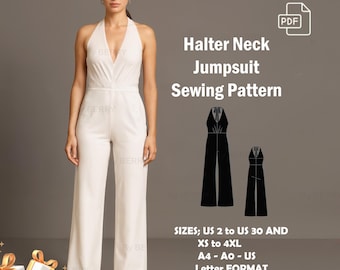 Halter Neck Palazzo Jumpsuit Sewing Pattern: US Sizes 2-30 (PDF Pattern)