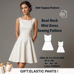 Boat Neck Mini Dress Sewing Pattern: US Sizes 2-30 (PDF Pattern)
