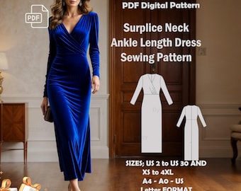 Surplice Neck Gown Sewing Pattern: Ankle Length Dress (PDF Digital Download)
