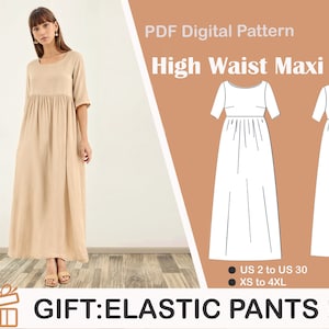 A-Line Hight Waist Maxi Dress ,Comfortable Dress Pattern,PDF Pattern,US Sizes 2-30, Plus Size Pattern