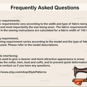May include: A sewing machine with a red fabric on the table. The text on the page reads "Frequently Asked Questions" and includes information about fabric and lining requirements, as well as fusible interfacing. The text also includes a link to the Etsy shop, StylePatterns.