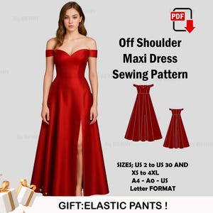 Modello di cucito per abito lungo con spalle scoperte in PDF / Scollo a cuore / Gonna a ruota 3/4 Taglie USA 2-30