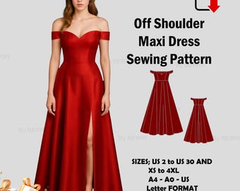 Off Shoulder Maxi Dress Sewing Pattern PDF | Sweetheart Neckline | 3/4 Circle SkirtUS Sizes 2-30