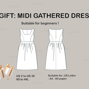 May include: A digital sewing pattern for a midi gathered dress. The pattern is suitable for beginners and includes sizes US 2 to US 30 and XS to 4XL. The pattern is designed to be printed on US Letter, A4, or A0 paper.