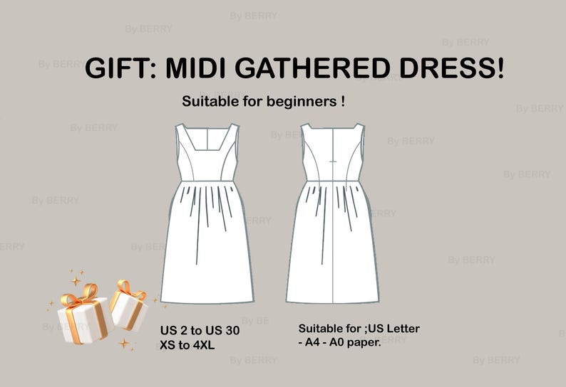 May include: A digital sewing pattern for a midi gathered dress. The pattern is suitable for beginners and includes sizes US 2 to US 30 and XS to 4XL. The pattern is designed to be printed on US Letter, A4, or A0 paper.