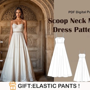 Bridal Gown Maxi Dress Sewing Pattern,Scoop Neck Maxi Dress Pattern,Prom Dress PDF Sewing Pattern,US Sizes 2-30, Plus Size Pattern