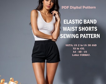 Puede incluir: Un patrón de costura PDF para pantalones cortos de cintura elástica. El patrón incluye tallas de la XS a la 4XL. El patrón está en formato A4 y AO.