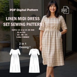 May include: PDF sewing pattern for a linen midi dress. The pattern includes two styles, one with a round neckline and one with a square neckline. The pattern is available in sizes US 2 to 30 and XS to 4XL. The pattern is printed on A4, A0, and Letter size paper.