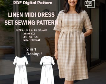 May include: PDF sewing pattern for a linen midi dress. The pattern includes two styles, one with a round neckline and one with a square neckline. The pattern is available in sizes US 2 to 30 and XS to 4XL. The pattern is printed on A4, A0, and Letter size paper.