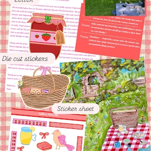 May include: A July Gallery Mail Club stationery set featuring a letter, a prompt card, die-cut stickers of a strawberry jam jar and a picnic basket, a sticker sheet with picnic-themed icons, a picnic scene print, and an envelope decoration.