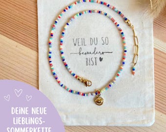 Colorful beaded necklace with pendant | Seed bead necklace with heart, flower, and eye | Boho jewelry for women | Nickel-free stainless steel | Summer necklace