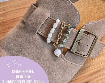 Charms set for Birkenstock Boston shoes | Shoe charms with genuine freshwater pearls & green skarn | 3 clog charms