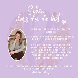 May include: A lilac-colored graphic with the text "Sch&ouml;n, dass du da bist" and other German text. An oval photo of a smiling woman is in the center. The Instagram handle @perli.bert is also visible.