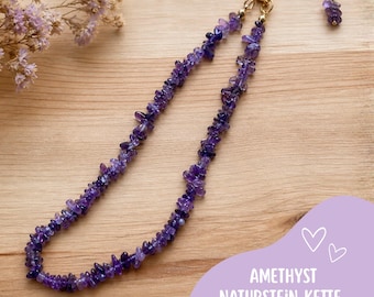 Amethyst necklace, natural stone, purple | Boho gemstone necklace | Healing jewelry | Gold-plated stainless steel | Gift for women | Spiritual