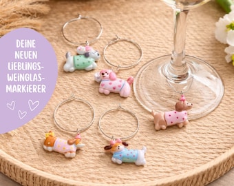 Wine Glass Marker Set with Dog Charms - 5 Glass Markers with Resin Dog Charms | Wine Glass Pendants | Party Table Decoration | Gift for Wine Lovers