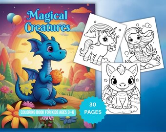 May include: A children's colouring book titled "Magical Creatures" featuring a blue dragon illustration. The cover art includes a rainbow, balloons, and flowers. Three colouring pages with a unicorn, mermaid, and dragon are also shown. The book has 30 pages.