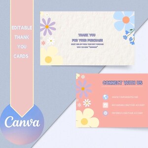 Plantilla de tarjeta de agradecimiento floral editable para pequeñas empresas/Notas de agradecimiento personalizables, digitales e imprimibles de Canva con enlaces a redes sociales