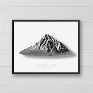 May include: Black and white framed print of Mount Olympus, UT. The mountain is depicted in a 3D relief style, with detailed textures and shadows. The text at the bottom reads "Mount Olympus, UT, Elevation 9,030 ft."