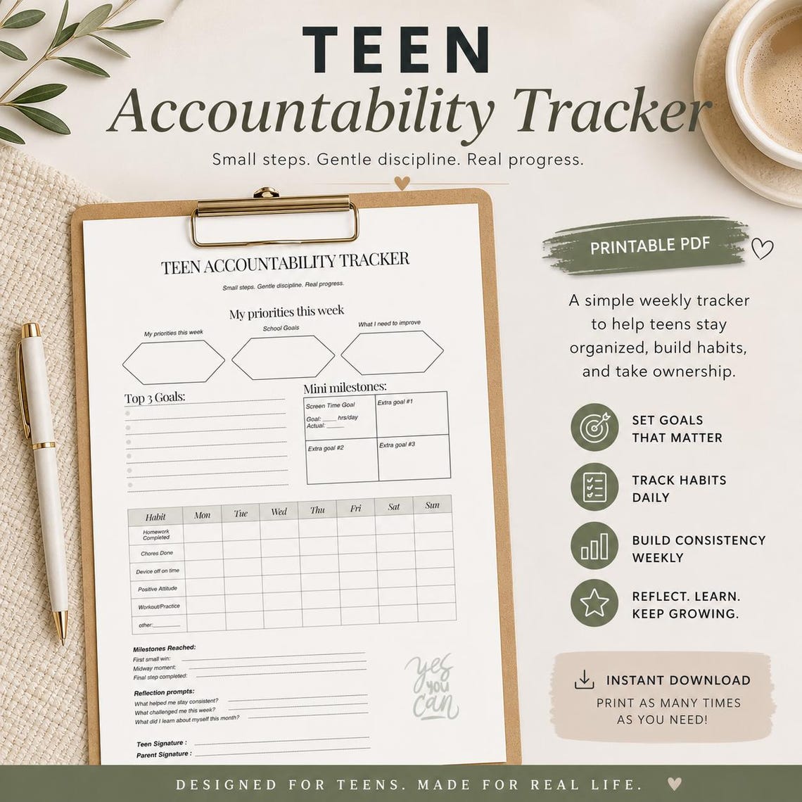 Teen Accountability Tracker Printable | Weekly Habit & Responsibility ...