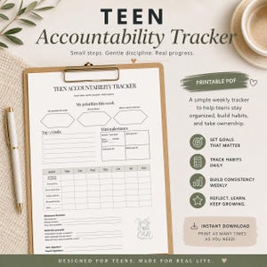 May include: A clipboard with a printed "Teen Accountability Tracker" form, a pen, and a coffee cup. The form includes sections for goals, milestones, and habit tracking. Text on the form reads "Small steps. Gentle discipline. Real progress."