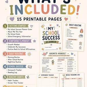 Może przedstawiać: Cyfrowy planer dla dzieci zatytułowany My School Success Planner, zawierający 15 stron do druku, w tym okładkę, codzienne rutyny, nastawienie na rozwój, śledzenie zadań domowych i dziennik czytania. Projekt w pastelowych kolorach z gwiazdkami i sercami.