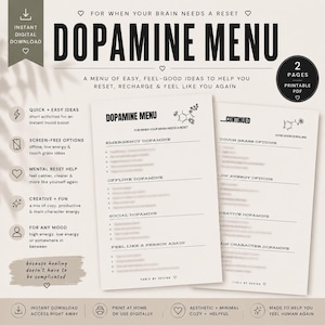 Peut inclure: Téléchargement numérique d'un "Menu Dopamine" avec des idées pour se ressourcer. Le design comprend deux pages avec des titres tels que "Dopamine d'urgence" et "Options de contact avec la nature". L'esthétique est minimaliste et imprimable.