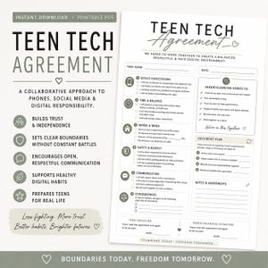 May include: A printable Teen Tech Agreement PDF, designed to promote responsible digital habits. The document covers device expectations, time management, and safety. It encourages open communication and sets clear boundaries. The agreement aims to build trust and independence.
