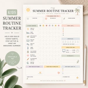 May include: A printable summer routine tracker for children, with a sun and palm tree illustration. The tracker includes sections for daily routines, water goals, and screen time. The text reads "Good Days, Fun Days, Growing Every Day."