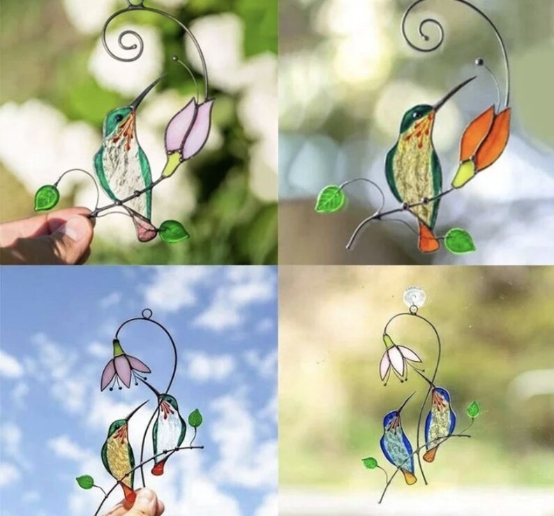 Métal minuscule artisanat jardin fenêtre balcon colibri cour maison tenture murale oiseau ornement porte décoration attrape-soleil effet vitrail image 4