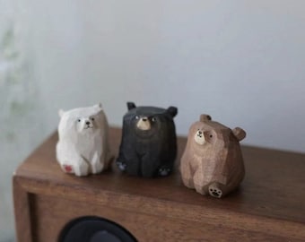 Mini modèle d'ours en bois fait main en bois Figurines d'animaux en bois Sculptures Décoration de bureau Miniatures Artisanat Enfants Cadeau de Noël Statue en bois