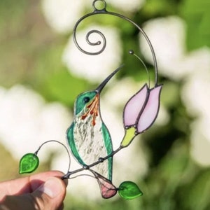 Métal minuscule artisanat jardin fenêtre balcon colibri cour maison tenture murale oiseau ornement porte décoration attrape-soleil effet vitrail Green White Belly