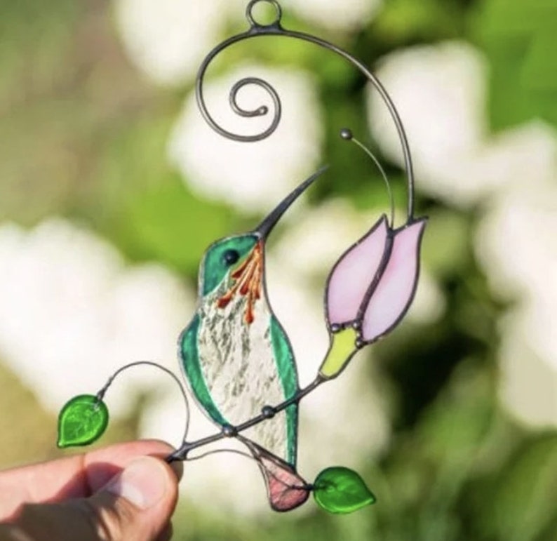 Métal minuscule artisanat jardin fenêtre balcon colibri cour maison tenture murale oiseau ornement porte décoration attrape-soleil effet vitrail Green White Belly