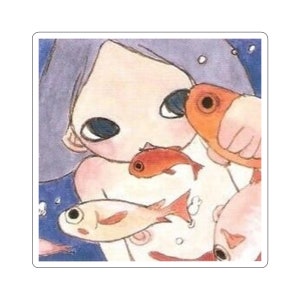 Aya Takano Girl Grabbing Fish Square Diecut Vinyl Sticker