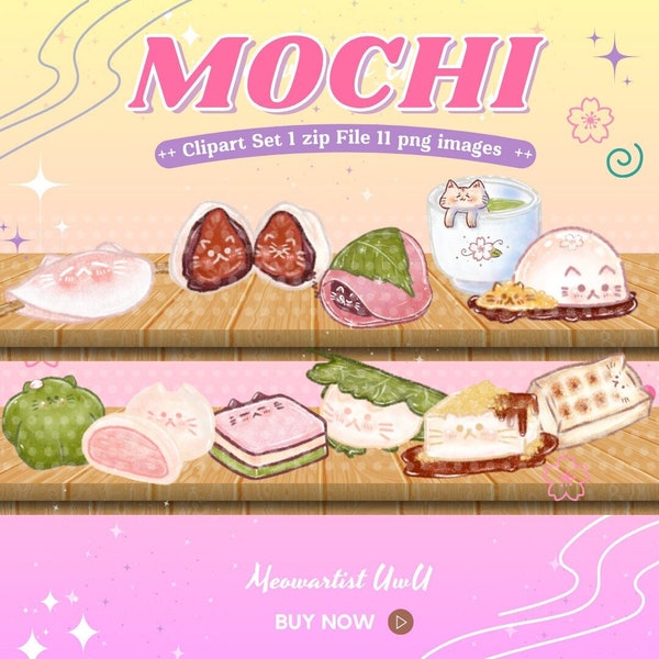 Cute Japanese Mochi Cliparts • Cat Japanese Dessert PNG • Sweet Set of 12 Cliparts