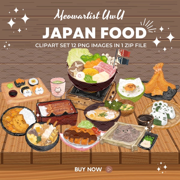Cute Japan food Cliparts • Cat Japan food PNG •  Set of 12 Cliparts