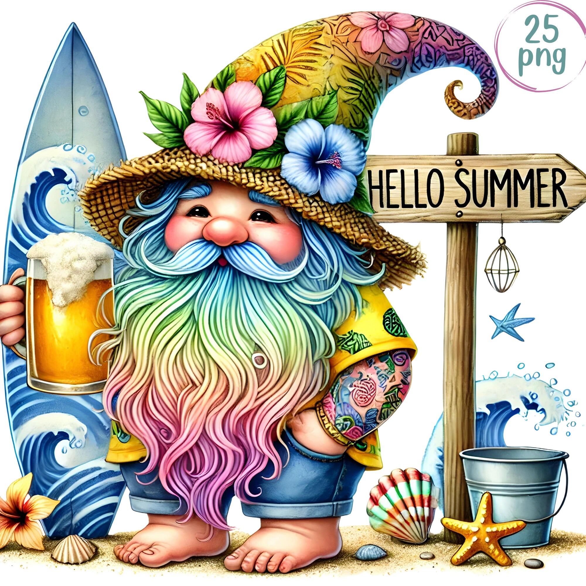 Summer Gnome Watercolor Clipart Bundle - 25 PNGs Watercolor Summer Beach Gnome Nursery, Wall Art Sticker PNG, Sublimation Design